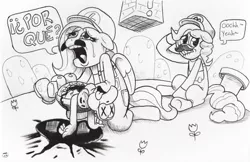 Size: 1000x646 | Tagged: artist:blue-von, blood, dark comedy, dead, derpibooru import, fluttershy, koopa troopa, monochrome, pinkie pie, semi-grimdark, spanish, super mario bros., traditional art, x eyes