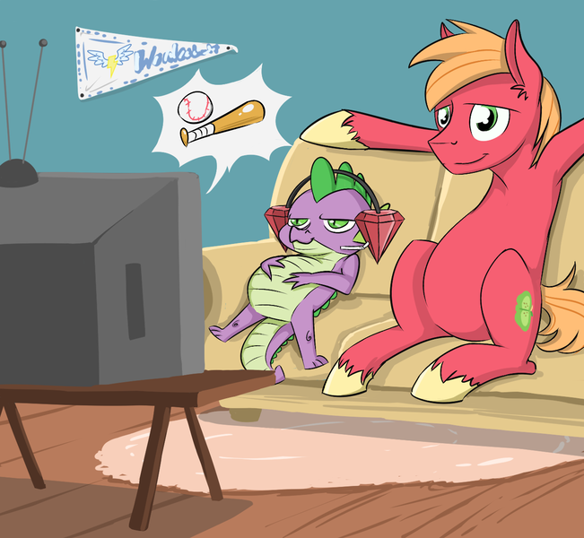 Size: 1300x1198 | Tagged: safe, artist:alskylark, derpibooru import, big macintosh, spike, earth pony, pony, the cutie map, baseball, bros, couch, drinking hat, hat, hoofball, male, stallion, television