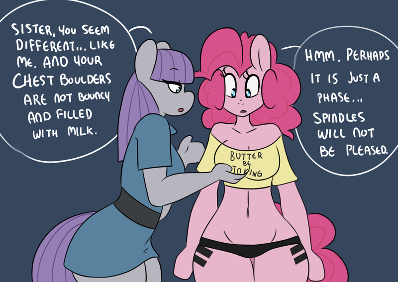 Size: 1280x907 | Tagged: anthro, artist:somescrub, belly button, breast grab, breast reduction, breasts, clothes, derpibooru import, dialogue, equal cutie mark, grope, hugtastic pinkie pie, maud pie, midriff, pinkie pie, questionable, simple background, the cutie map, tumblr