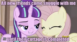 Size: 1280x700 | Tagged: derpibooru import, discovery family logo, female, fluttershy, glimmershy, image macro, lesbian, meme, purple text, safe, screencap, shipping, snuggling, starlight glimmer, the cutie map