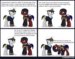 Size: 1512x1198 | Tagged: safe, artist:ethanchang, artist:topkick, derpibooru import, oc, oc:azimuth, unofficial characters only, earth pony, 1st awesome platoon, alaska, coast guard, coffee, image, military, military uniform, misspelling, png, u.s coast guard