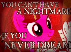 Size: 590x431 | Tagged: semi-grimdark, derpibooru import, double diamond, starlight glimmer, pony, unicorn, the cutie map, creepy, cute, female, glimmerbetes, grimcute, image macro, male, mare, meme, nightmare fuel, smiling, solo focus, stallion, you can't have a nightmare if you never dream