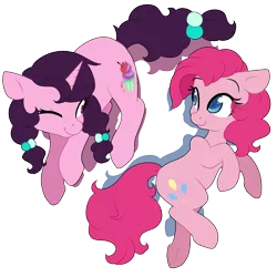 Size: 1280x1280 | Tagged: safe, artist:rue-willings, derpibooru import, pinkie pie, sugar belle, earth pony, pony, unicorn, the cutie map, colored pupils, cute, diapinkes, eye clipping through hair, female, floppy ears, looking at each other, mare, one eye closed, simple background, smiling, sugarbetes, transparent background, underhoof, wink