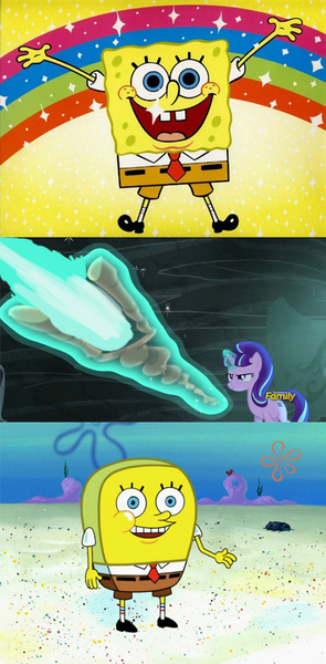 Size: 500x1016 | Tagged: safe, derpibooru import, edited screencap, screencap, starlight glimmer, pony, unicorn, the cutie map, comic, female, image, jpeg, magic, male, mare, not normal, s5 starlight, screencap comic, sponge, spongebob squarepants, spongebob squarepants (character), staff, staff of sameness, telekinesis