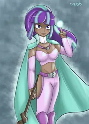 Size: 940x1310 | Tagged: safe, artist:dinobirdofdoom, derpibooru import, starlight glimmer, human, the cutie map, amulet, belly button, belt, belt buckle, blackwashing, boots, breasts, cape, cleavage, clothes, cutie mark, dark skin, equal cutie mark, female, humanized, image, magic, midriff, png, s5 starlight, staff, staff of sameness