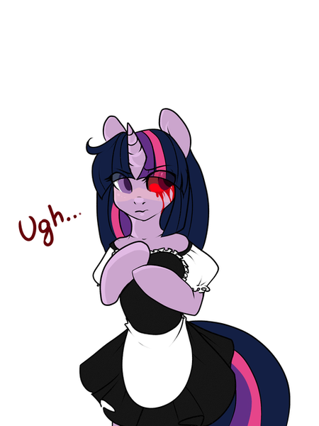 Size: 500x667 | Tagged: safe, artist:catzino, derpibooru import, twilight sparkle, pony, bipedal, blood, bloodshot eyes, clothes, costume, dress, maid, solo