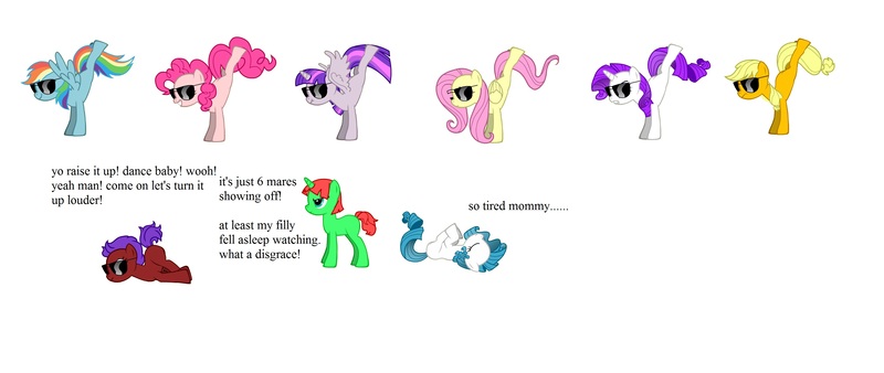 Size: 3346x1412 | Tagged: suggestive, derpibooru import, applejack, fluttershy, pinkie pie, rainbow dash, rarity, twilight sparkle, twilight sparkle (alicorn), oc, alicorn, pony, dancing, female, glasses, mane six, mare