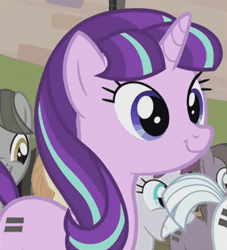 Size: 300x331 | Tagged: safe, derpibooru import, screencap, double diamond, starlight glimmer, pony, unicorn, season 5, the cutie map, animated, cult, cute, equal cutie mark, female, gif, glimmerbetes, head tilt, image, mare, offscreen character, outdoors, s5 starlight, smiling, weapons-grade cute, when she smiles