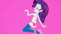 Size: 1280x720 | Tagged: suggestive, derpibooru import, edit, edited screencap, screencap, rarity, equestria girls, life is a runway, bra, breasts, clothes, female, high heels, panties, solo, solo female, stockings, underwear, underwear edit