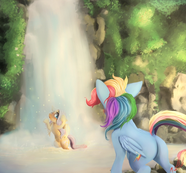 Size: 1500x1400 | Tagged: safe, artist:miokomata, derpibooru import, fluttershy, rainbow dash, backwards cutie mark, bathing, blushing, caught, embarrassed, female, flutterdash, lesbian, outdoors, plot, shipping, water, waterfall, waterfall shower, wet mane