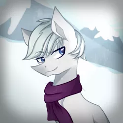 Size: 1600x1600 | Tagged: artist:praxinas, clothes, derpibooru import, double diamond, eyebrows visible through hair, handsome, male, mountain, safe, scarf, snow, snowfall, solo