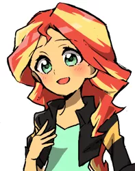 Size: 849x1077 | Tagged: safe, artist:merryyy87, derpibooru import, sunset shimmer, equestria girls, my past is not today, rainbow rocks, blushing, clothes, cute, female, jacket, looking at you, open mouth, shimmerbetes, simple background, solo, white background