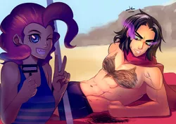 Size: 990x700 | Tagged: artist:bakki, beach, chest hair, derpibooru import, fangs, glowing eyes, grin, gritted teeth, human, humanized, king sombra, looking at you, on back, pinkie pie, razor, safe, smiling, sweatdrop, this will end in tears and/or death, wide eyes, wink