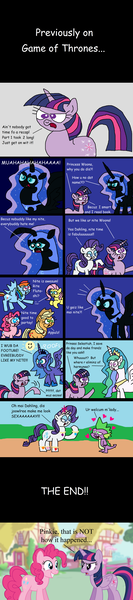 Size: 1024x4614 | Tagged: safe, artist:aleximusprime, derpibooru import, applejack, fluttershy, nightmare moon, pinkie pie, princess celestia, princess luna, rainbow dash, rarity, spike, twilight sparkle, twilight sparkle (alicorn), alicorn, pony, friendship is magic, alternate scenario, april fools, comic, elements of harmony, female, game of thrones, intentionally bad, mane seven, mane six, mare, misspelling, parody, s1 luna, scene interpretation, unreliable narrator