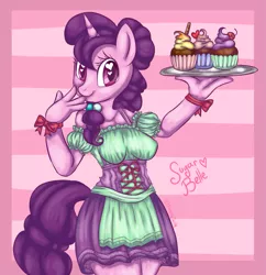 Size: 1177x1216 | Tagged: dead source, safe, artist:twinkytwily, derpibooru import, sugar belle, anthro, unicorn, the cutie map, clothes, cupcake, cute, dirndl, dress, female, heart eyes, looking at you, mare, solo, sugarbetes, wingding eyes