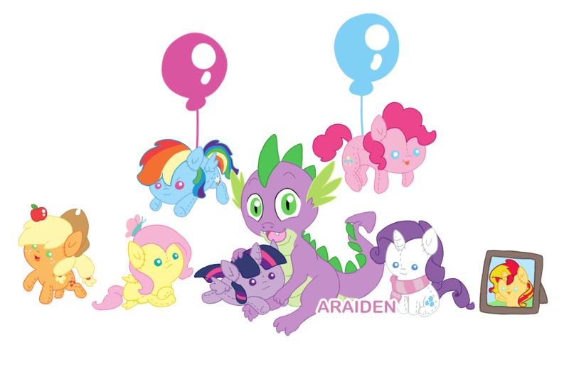 Size: 2000x1300 | Tagged: safe, artist:araiden, derpibooru import, applejack, fluttershy, pinkie pie, rainbow dash, rarity, spike, sunset shimmer, twilight sparkle, twilight sparkle (alicorn), alicorn, pony, apple, balloon, clothes, cute, female, floating, mane seven, mane six, mare, open mouth, plushie, scarf, simple background, sitting, smiling, solo, then watch her balloons lift her up to the sky, transparent background