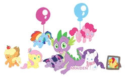 Size: 2000x1300 | Tagged: safe, artist:araiden, derpibooru import, applejack, fluttershy, pinkie pie, rainbow dash, rarity, spike, sunset shimmer, twilight sparkle, twilight sparkle (alicorn), alicorn, pony, apple, balloon, clothes, cute, female, floating, mane seven, mane six, mare, open mouth, plushie, scarf, simple background, sitting, smiling, solo, then watch her balloons lift her up to the sky, transparent background