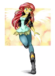 Size: 2200x3000 | Tagged: safe, artist:ponut_joe, derpibooru import, sunset shimmer, equestria girls, my past is not today, abstract background, beautiful, clothes, cute, female, full body, grin, shimmerbetes, smiling, solo, sunset phoenix, wings