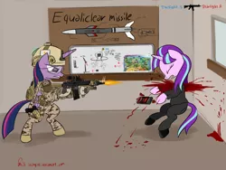 Size: 3264x2448 | Tagged: grimdark, artist:orang111, derpibooru import, edit, starlight glimmer, twilight sparkle, twilight sparkle (alicorn), alicorn, pony, the cutie map, assault rifle, bipedal, blood, camouflage, death, eyes closed, female, fixed, glare, gore, gritted teeth, gun, hk416, hoof hold, indoors, mare, missile, nuclear weapon, open mouth, phone, pistol, ponies with guns, rifle, smartphone, weapon