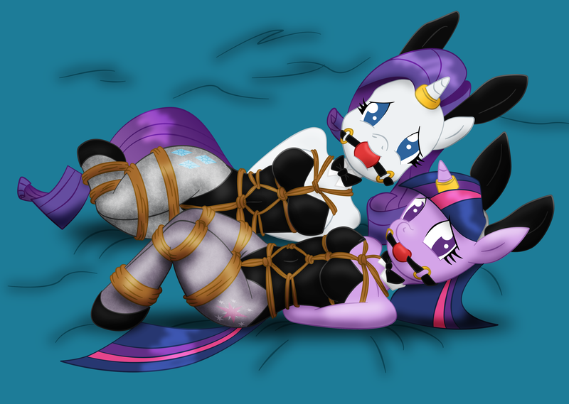 Size: 3446x2451 | Tagged: anthro, artist:ponyguy67, artist:reimon-master-ii, ballgag, bondage, bowtie, box tied, breast bondage, breasts, bunny ears, bunny suit, clothes, crotch rope, derpibooru import, female, femsub, gag, horn ring, leotard, looking at you, magic suppression, pantyhose, questionable, rarity, rope, rope bondage, shibari, shoes, submissive, twilight sparkle, unguligrade anthro