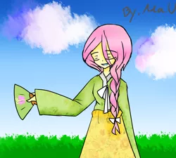 Size: 2000x1800 | Tagged: safe, artist:bronymayu, derpibooru import, fluttershy, equestria girls, fan, hanbok, solo