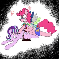 Size: 400x400 | Tagged: grimdark, artist:kushina13, derpibooru import, pinkie pie, starlight glimmer, earth pony, pony, unicorn, fanfic:cupcakes, the cutie map, abuse, blood, creepypasta, cutie mark dress, female, glimmerbuse, irony, karma, mare, pixiv, poetic justice, s5 starlight, teary eyes