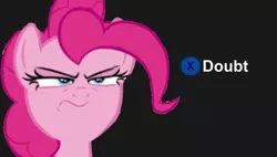 Size: 670x380 | Tagged: safe, derpibooru import, pinkie pie, earth pony, pony, doubt, faic, female, frown, glare, image macro, l.a. noire, mare, meme, press x to doubt, reaction image, reference, solo, suspicious, when she doesn't smile