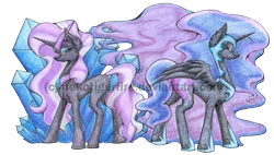 Size: 3190x1813 | Tagged: safe, artist:nekotigerfire, derpibooru import, nightmare moon, nightmare rarity, alicorn, pony, unicorn, duality, female, mare, self ponidox, simple background, traditional art, transparent background, watermark