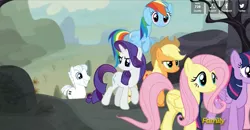 Size: 1015x528 | Tagged: safe, derpibooru import, screencap, applejack, double diamond, fluttershy, pinkie pie, rainbow dash, rarity, twilight sparkle, twilight sparkle (alicorn), alicorn, pony, the cutie map, animation error, female, mare, nightmare fuel