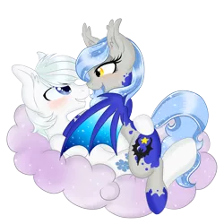 Size: 2500x2500 | Tagged: safe, artist:silent-shadow-wolf, derpibooru import, double diamond, oc, oc:midnight radiance, bat pony, pony, canon x oc, female, male, simple background, straight, transparent background