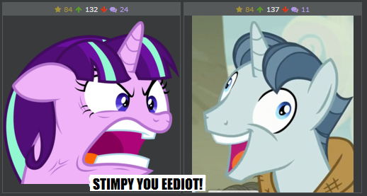 Size: 518x277 | Tagged: angry, artist:dasprid, bust, cross-popping veins, derp, derpibooru, derpibooru import, exploitable meme, faic, i didn't listen, juxtaposition, juxtaposition win, meme, meta, ms paint, party favor, ragelight glimmer, ren and stimpy, safe, starlight glimmer, the cutie map, vein, vein bulge