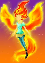 Size: 3191x4420 | Tagged: safe, artist:scarlet-spectrum, derpibooru import, sunset shimmer, equestria girls, my past is not today, rainbow rocks, absurd resolution, clothes, eyes closed, fiery shimmer, pants, solo, sunset phoenix