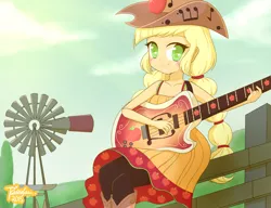 Size: 1450x1114 | Tagged: safe, artist:riouku, derpibooru import, applejack, equestria girls, friendship through the ages, rainbow rocks, alternate hairstyle, bass guitar, country applejack, cute, jackabetes, musical instrument, pigtails, sleeveless, solo, windmill