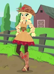 Size: 4840x6533 | Tagged: safe, artist:thebrokencog, derpibooru import, applejack, equestria girls, friendship through the ages, rainbow rocks, '90s, absurd resolution, boots, country applejack, cowboy boots, cowboy hat, freckles, hat, high heel boots, high heels, music notes, shoes, sleeveless, solo