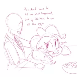 Size: 700x700 | Tagged: artist:goat train, chubby, derpibooru import, egg, floppy ears, frown, human, monochrome, oc, oc:anon, pinkie pie, safe, sick, sketch, :t, the cutie map, winnie the pink, you have to eat all the eggs