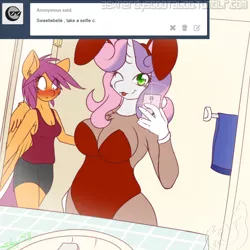 Size: 1200x1200 | Tagged: suggestive, artist:silverfox057, derpibooru import, scootaloo, sweetie belle, anthro, ask nerdy scootaloo, :p, ask, blushing, breasts, bunny ears, bunny suit, busty sweetie belle, chest fluff, cleavage, clothes, costume, female, gloves, implied lesbian, implied scootabelle, leotard, older, playboy bunny, selfie, shorts, tongue out, tumblr