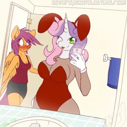Size: 1200x1200 | Tagged: suggestive, artist:silverfox057, derpibooru import, scootaloo, sweetie belle, anthro, big breasts, blushing, breasts, bunny suit, busty sweetie belle, clothes, easter, female, leotard, lesbian, mirror, older, selfie, tongue out, wink