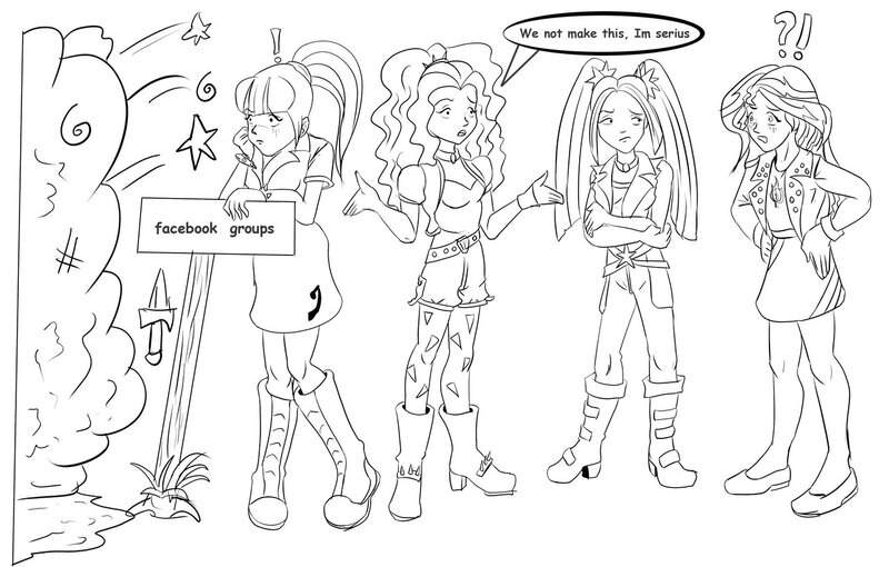 Size: 1280x816 | Tagged: safe, artist:piojote, derpibooru import, adagio dazzle, aria blaze, sonata dusk, sunset shimmer, equestria girls, engrish, facebook, fight, monochrome, the dazzlings