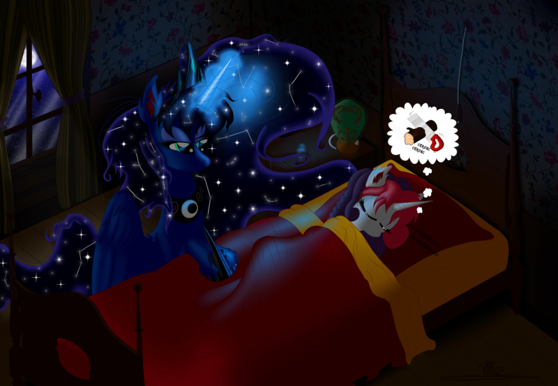 Size: 4072x2815 | Tagged: artist:max, bed, bedroom, constellation, derpibooru import, moon, moonlight, night, princess luna, requested art, safe, sleeping, snoring, sweetie belle