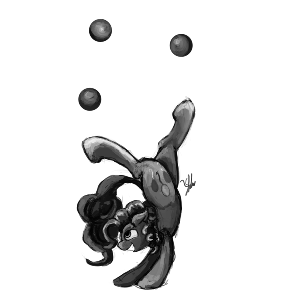 Size: 900x900 | Tagged: 30 minute art challenge, artist:xenstroke, backbend, ball, derpibooru import, flexible, juggling, monochrome, pinkie pie, safe, solo, speedpaint