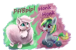 Size: 1066x703 | Tagged: artist:owlvortex, derpibooru import, fluffle puffing, oc, oc:fluffle puff, oc:wheely bopper, original species, safe, talking, unofficial characters only, wheelpone
