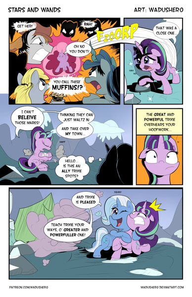 Size: 615x950 | Tagged: safe, artist:wadusher0, derpibooru import, derpy hooves, starlight glimmer, trixie, oc, pegasus, pony, the cutie map, comic, dialogue, female, hilarious in hindsight, lesbian, mare, muffin, shipping, startrix