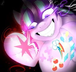 Size: 1800x1700 | Tagged: safe, artist:dragonfoxgirl, derpibooru import, applejack, fluttershy, pinkie pie, rainbow dash, rarity, starlight glimmer, twilight sparkle, twilight sparkle (alicorn), alicorn, pony, the cutie map, creepy, cutie mark, evil, evil grin, female, grin, insanity, mane six, mare, s5 starlight, slasher smile, smiling, snaplight glimmer, solo, this will end in communism