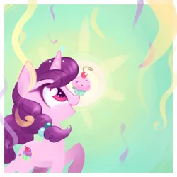 Size: 2000x2000 | Tagged: safe, artist:meekcheep, derpibooru import, sugar belle, pony, unicorn, the cutie map, cupcake, cute, painting, ponies balancing stuff on their nose, solo, streamers, sugarbetes