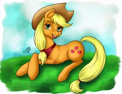 Size: 1100x850 | Tagged: applejack, artist:dslycaon, crossed hooves, derpibooru import, lipstick, looking at you, neckerchief, prone, safe, solo