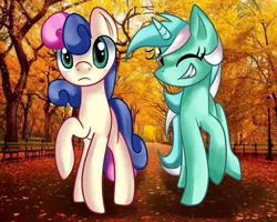 Size: 999x799 | Tagged: safe, artist:tamoqu, derpibooru import, bon bon, lyra heartstrings, sweetie drops, earth pony, pony, unicorn, autumn, duo, grin, irl, leaves, one eye closed, park, photo, ponies in real life, smiling, wink