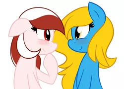 Size: 1280x918 | Tagged: artist:furrgroup, ask internet explorer, blushing, browser ponies, derpibooru import, female, internet explorer, lesbian, looking at each other, oc, oc:internet explorer, oc:opera, opera, safe, simple background, smiling, unofficial characters only, white background