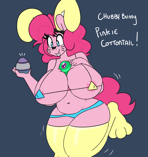 Size: 1280x1354 | Tagged: anthro, areola, artist:somescrub, belly button, big breasts, breasts, bunny ears, busty pinkie pie, derpibooru import, easter, egg, female, gummy, huge breasts, hugtastic pinkie pie, maud pie, pinkie pie, plump, questionable