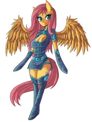 Size: 1200x1600 | Tagged: anthro, arm hooves, artist:raptor007, boob window, breasts, busty fluttershy, cleavage, derpibooru import, female, fluttershy, solo, suggestive