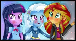 Size: 1738x939 | Tagged: safe, artist:vixelzf, derpibooru import, sunset shimmer, trixie, twilight sparkle, twilight sparkle (alicorn), equestria girls, rainbow rocks, :t, blushing, counterparts, cute, frown, magical trio, open mouth, smiling, twilight's counterparts